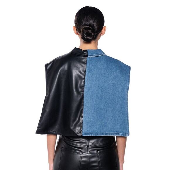 Akira Low Rider Half Pu Crop Denim Vest With Cape Size Medium Women’s - Picture 2 of 8